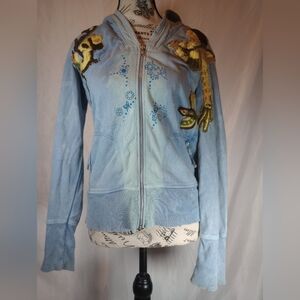 🔥 Free People Distressed Light Blue Bird Patch Hoodie Jacket - S